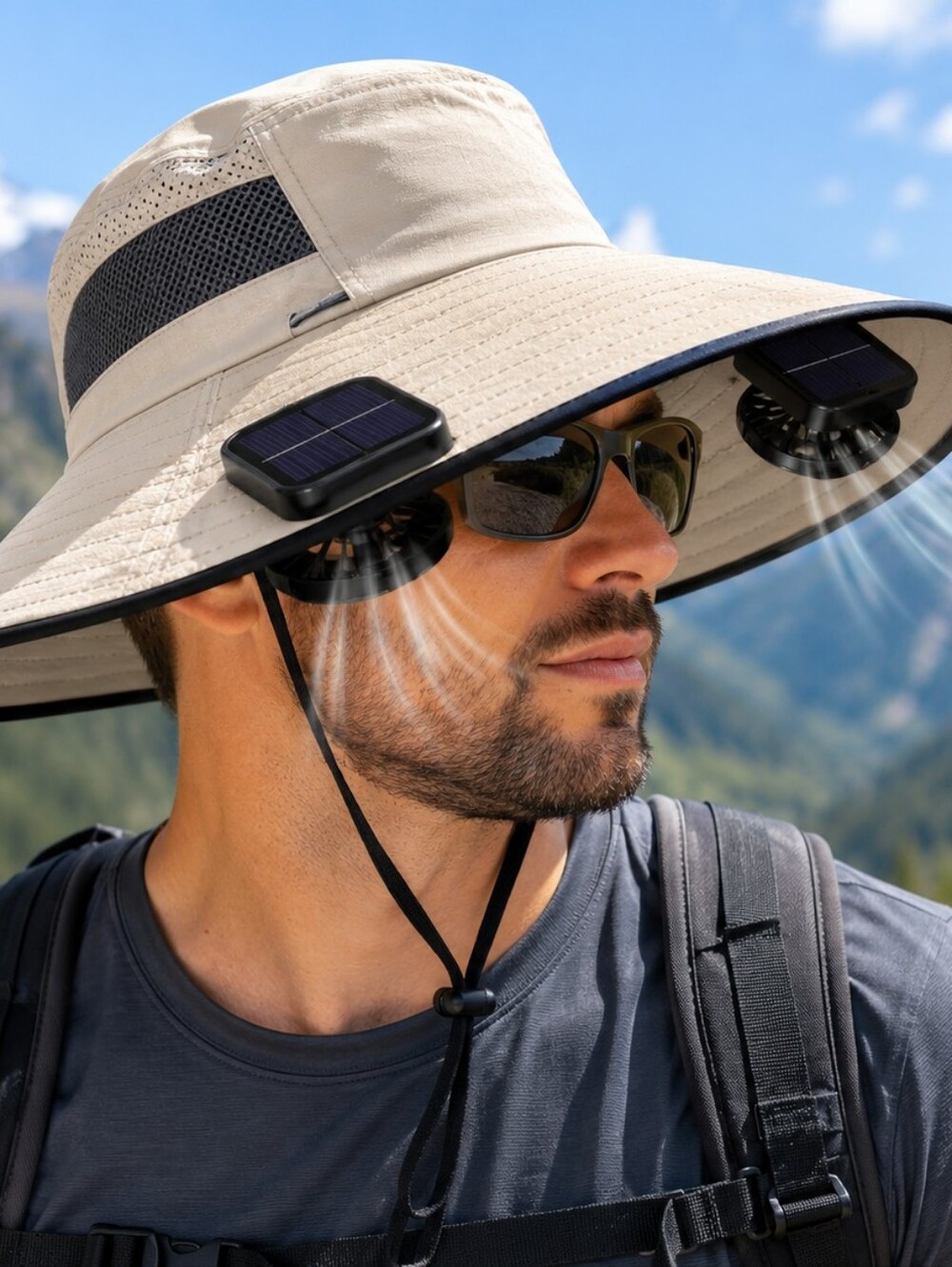 Solar Powered Wide Brim Sun Hat w/ 2 Rechargeable Cooling Fans UV Protection